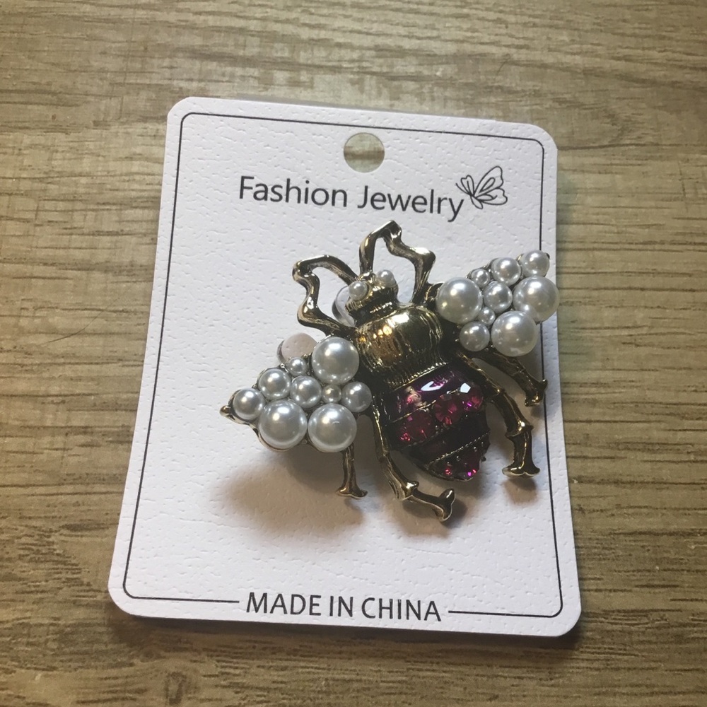 Gold Bee Brooch with White Pearls and Red Crystal Rhinestones